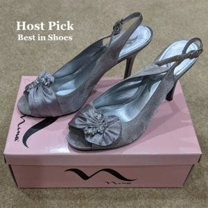 Nina Silver Jeweled Slingback Peep Toe Heels